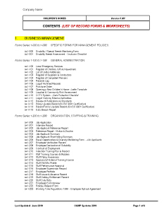 CONTENTS / INDEX - FORMS - Children's Homes